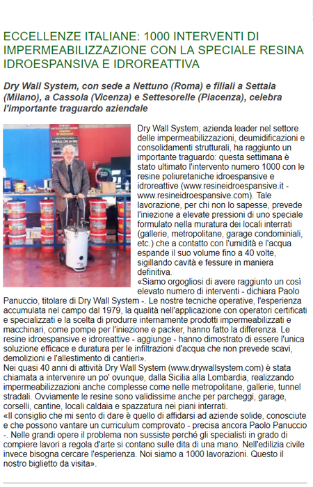Lombardia Press Eccellenze italiane: 1000 interventi di impermeabilizzazione con la speciale resina idroespansiva e idroreattiva